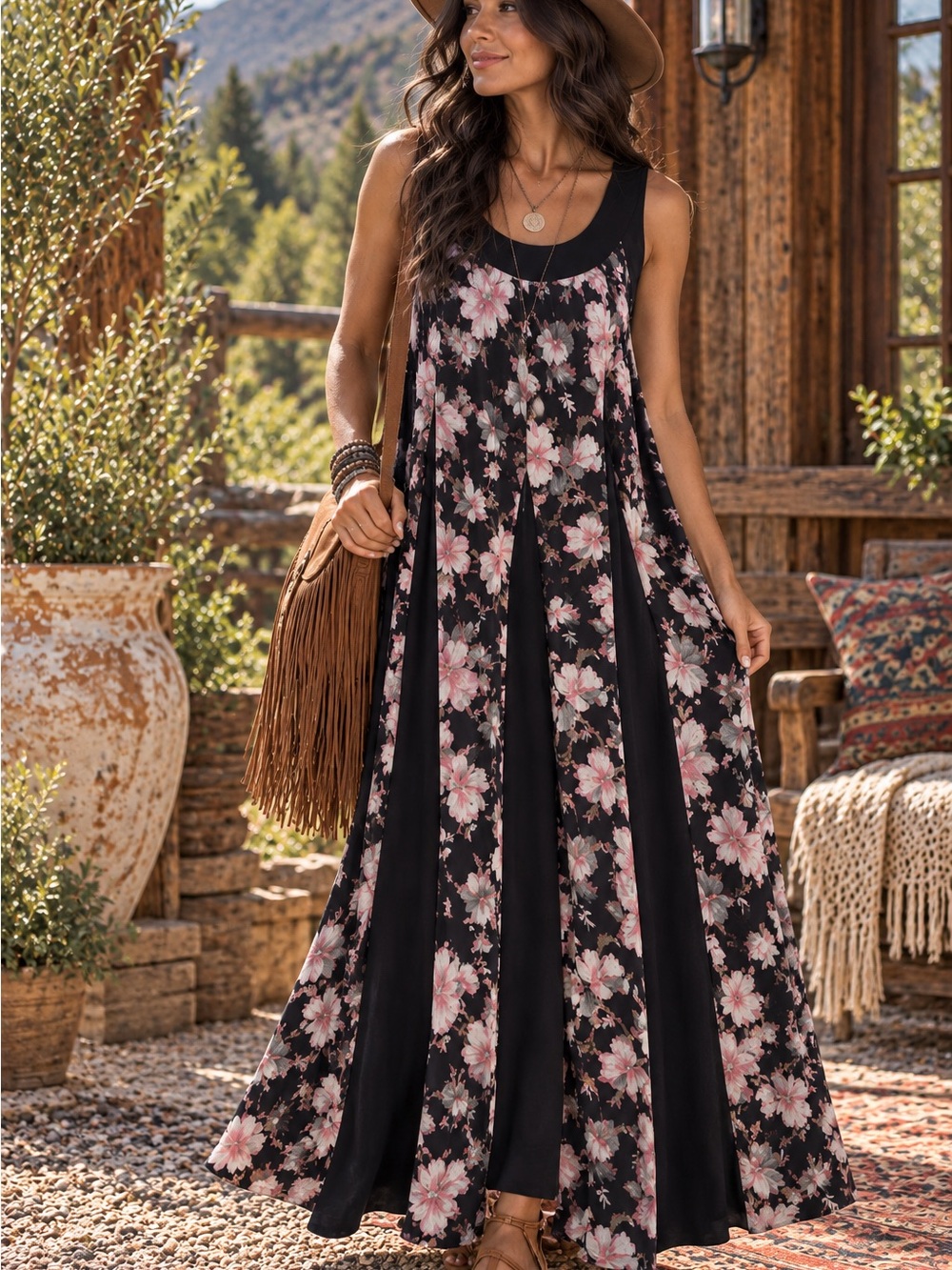 Nostalgia Boho Floral Maxi Dress - Black with Pink | Size Medium